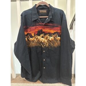 Bit & Bridle Shirt Mens XL Black Western Horses Button Up Long Sleeve‎ Rodeo